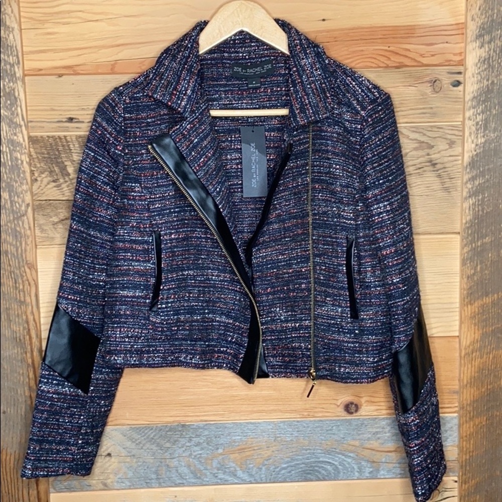 ZOE BY RACHEL ZOE CROP BLACK TWEED MOTO JACKET M